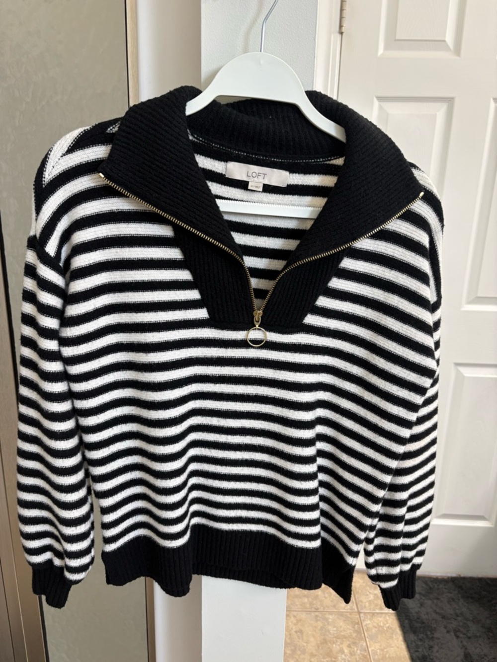 LOFT Black & White Striped Zip Cowl Sweater
